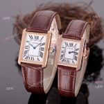 Rose Gold Cartier Tank Solo Couple Watch White Face Brown Leather Strap High Quality Replica 